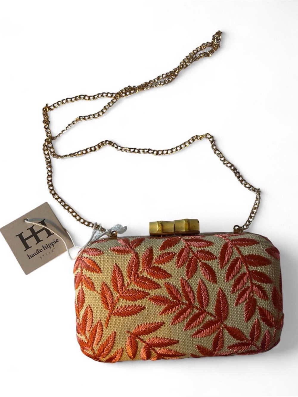 Haute Hippie Gold Clutch with Orange Leaf Embroidery - Picture 2 of 5